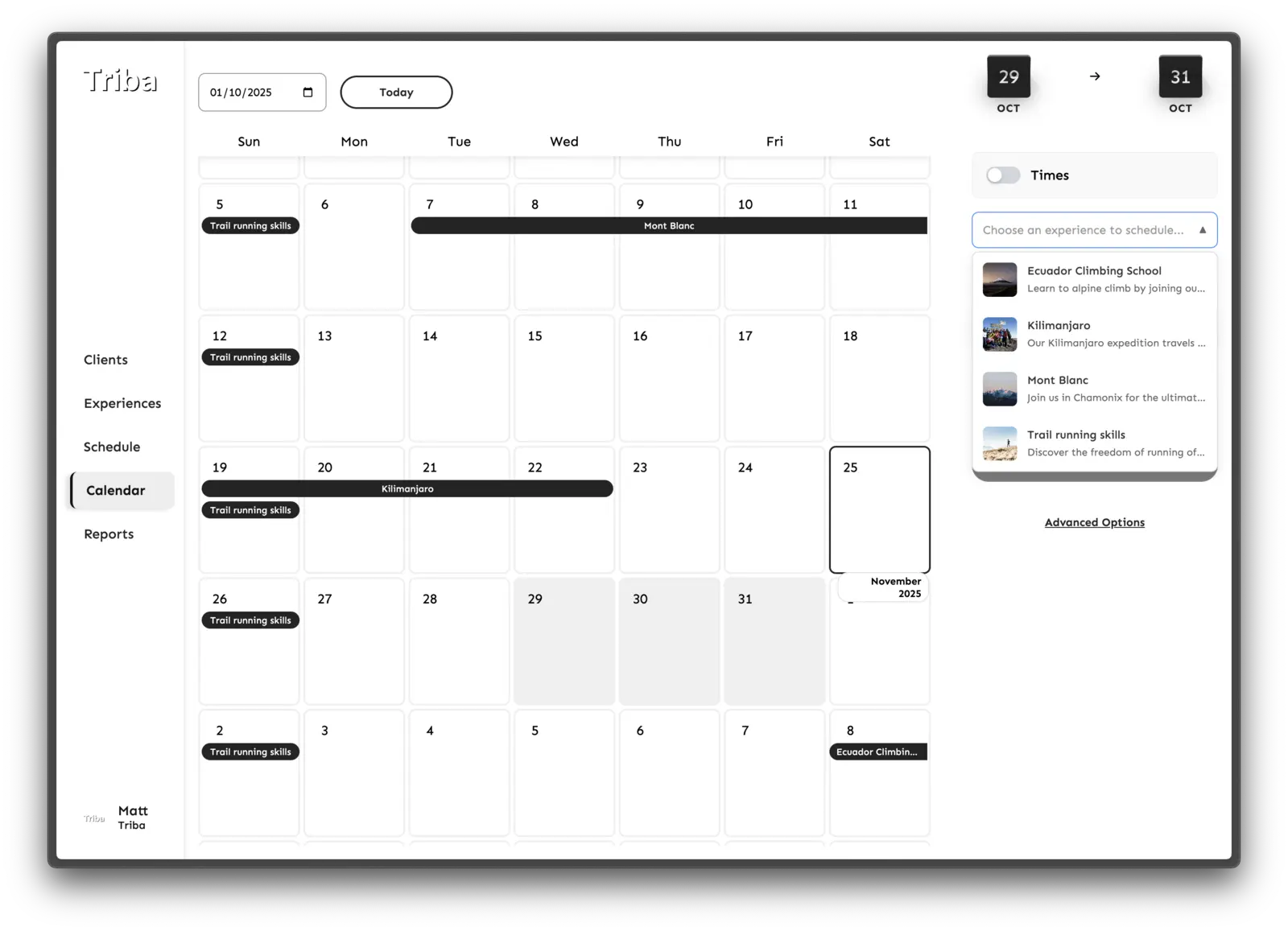 Calendar view with the scheduling panel open